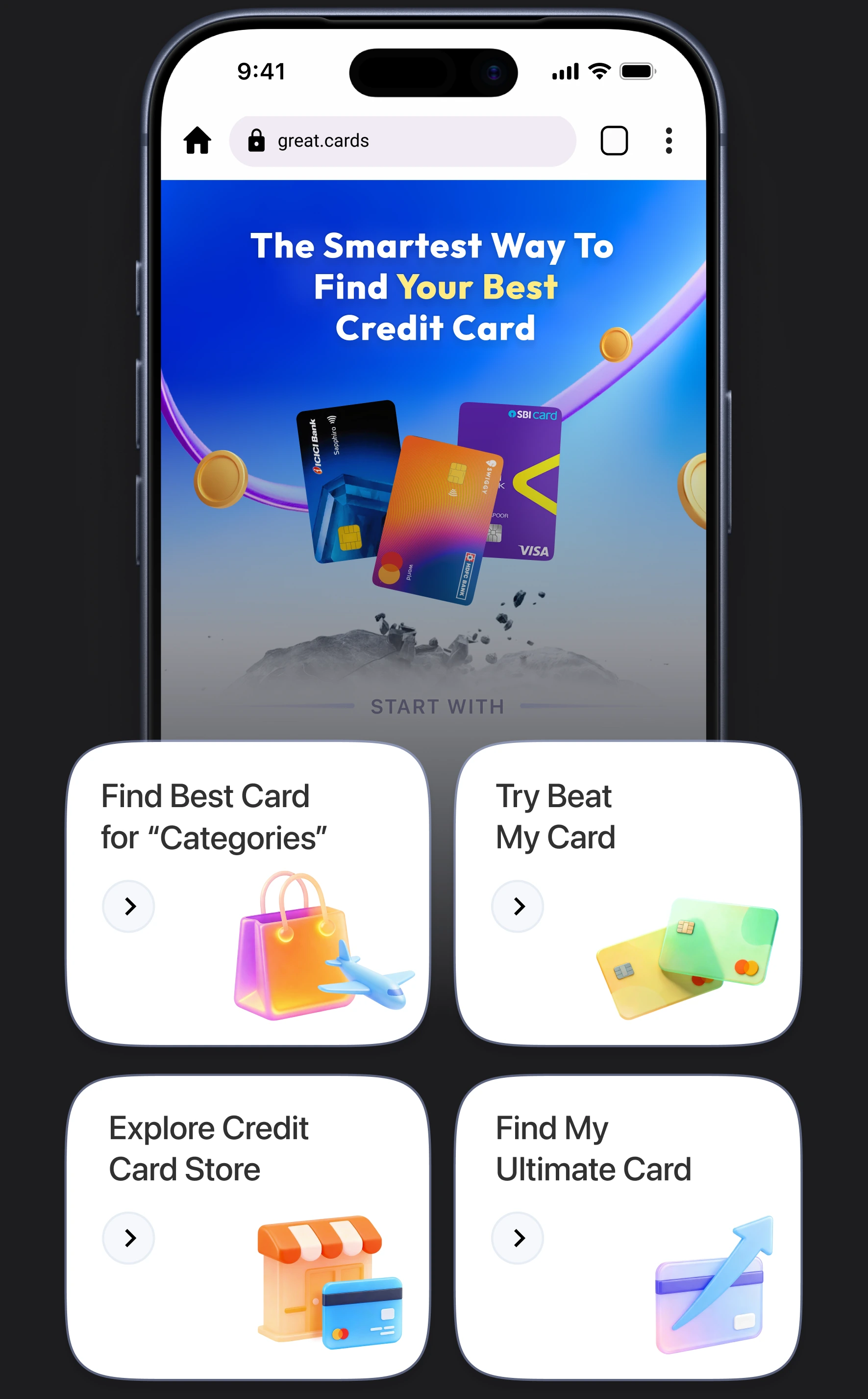 Great.cards embedded experience on a phone with floating entry cards