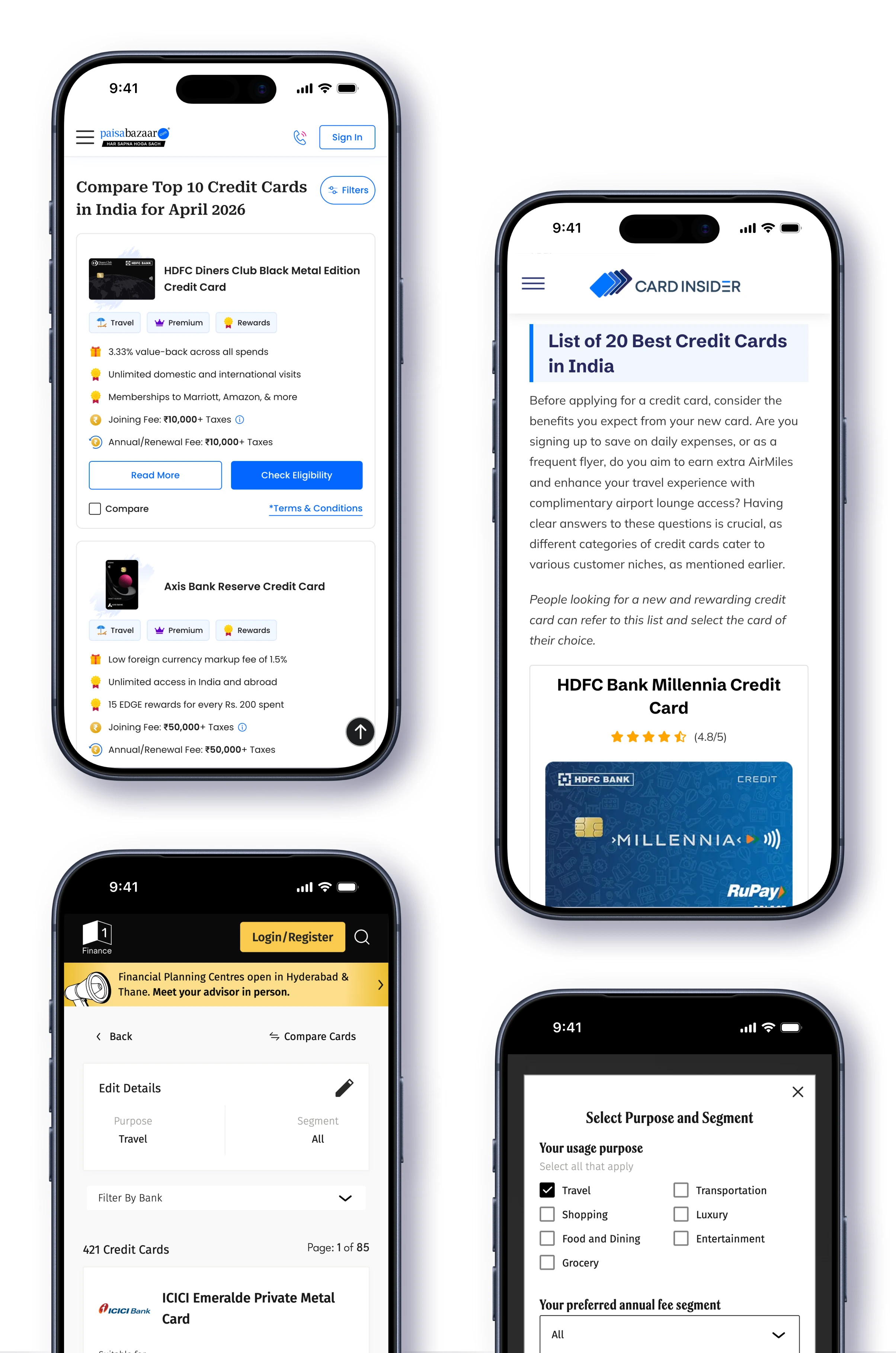 Existing credit-card comparison sites on four phones